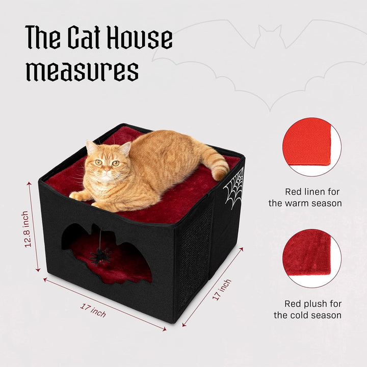 Pat gotic pentru pisici sau animale de companie, pliabil ca o casă de Halloween, 43 x 43 x 32 cm, cu intrare în formă de liliac, jucărie de păianjen, pernă de zgâriat și pernă moale pentru pisici gotice.