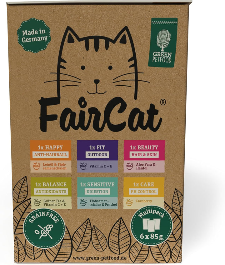 Green Petfood Faircat Multipack (6 X 85 G) | Adult | Hrană umedă premium pentru pisici adulte | 6 arome delicioase diferite în Multipack | Fără cereale | Hrană umedă pentru pisici | 6Pack