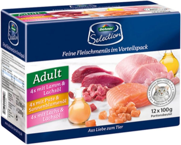 Dehner Premium cat food multipack, hrană umedă, pentru pisici adulte, 4 X miel / curcan / somon fiecare, 12 X pungi de 100 g (1,2 kg)