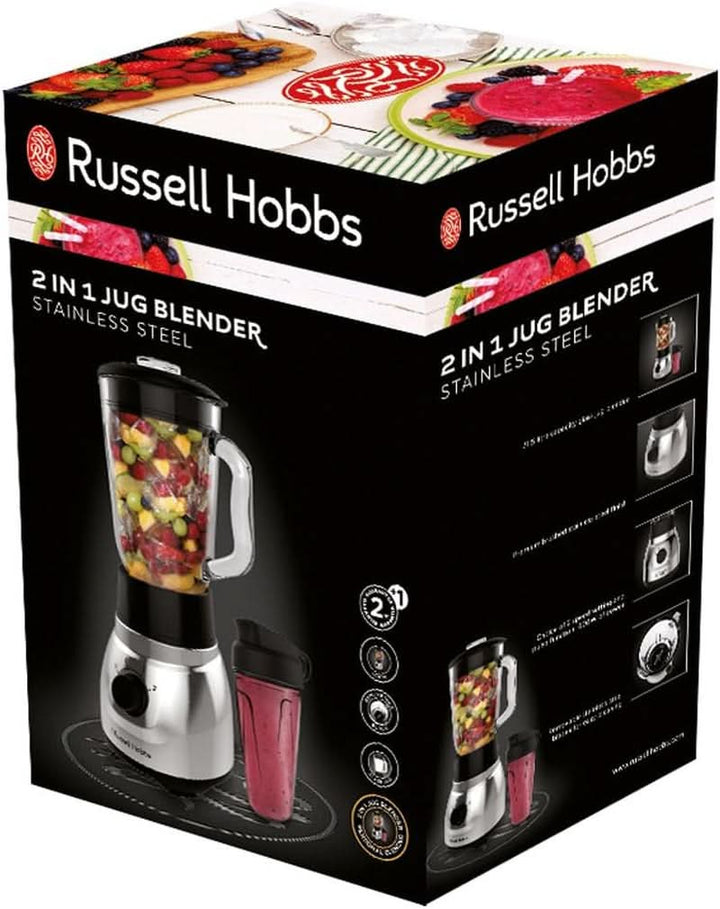 Russell Hobbs Standmixer 2-In-1 [1,5L Glasbehälter Mixer & 0,6L Mini Smoothie Maker -To-Go-Trinkflasche Inkl. Deckel] Spülmaschinenfest, Impuls-/Ice-Crush Funktion, Becher BPA Frei, Edelstahl 23821-56 Bucatarie Naty Shop