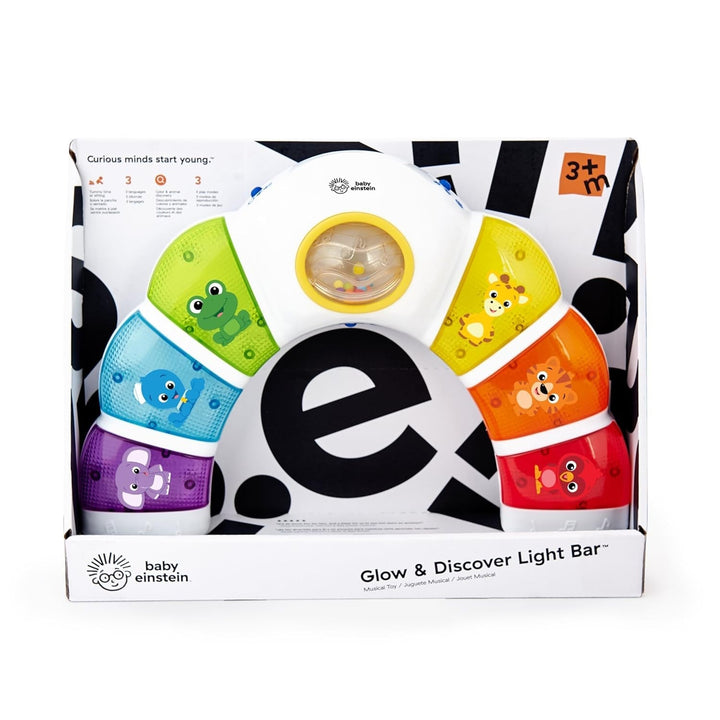 Baby Einstein, Glow & Discover Light Bar, jucărie pentru bebeluși cu lumini, melodii și zornăitor, 3 moduri: animale, culori, xilofon - 3 limbi, cub muzical pentru bebeluși și copii de 3 luni și peste Jucarii Bebe Naty Shop