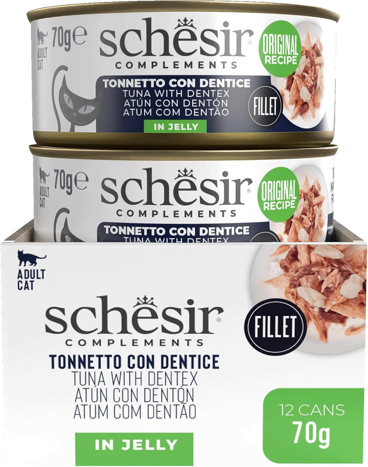 , File de ton cu dinte de jeleu, Hrană umedă complementară pentru pisici, Rețetă originală, 100% naturală, 12 cutii la 70 G