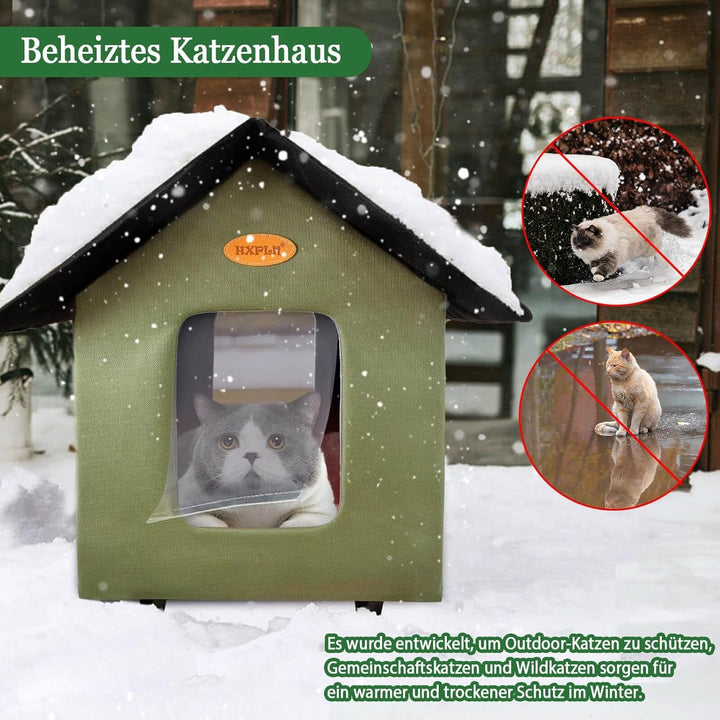 Căsuță încălzită pentru pisici, căsuță pentru exterior, rezistentă la iarnă, impermeabilă cu bază ridicată, căsuță pliabilă pentru pisici sălbatice, pisici de comunitate și câini de talie mică (verde)