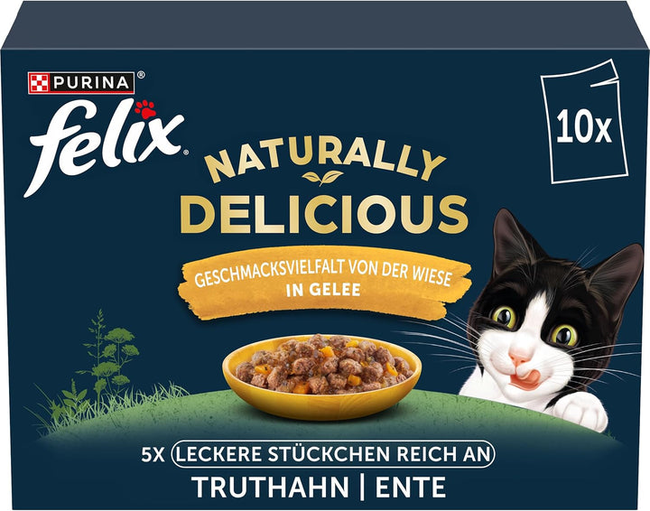 Felix Naturally Delicious, hrană umedă pentru pisici cu aromă de varietate din țară cu legume în jeleu, pachet de 80 (2X40X80G)