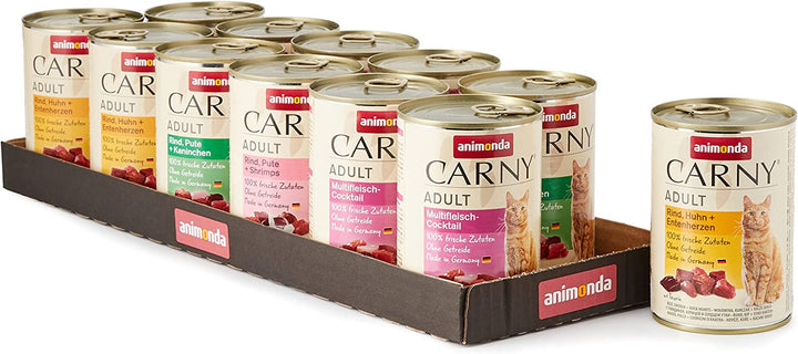 Animonda Carny Adult Hearty Variation (12 X 400 G), hrană umedă pentru pisici adulte, hrană umedă cu 100% ingrediente din carne proaspătă, hrană pentru pisici fără cereale și zahăr
