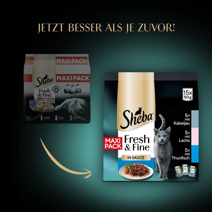 Sheba Fresh & Fine Multipack pungă porție 3 varietăți cod, somon, ton în sos MSC 5X15X50G