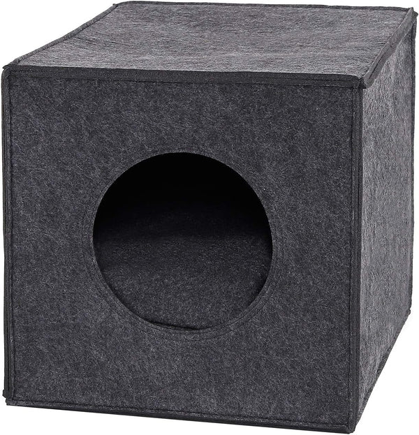Peșteră pentru pisici Lionto, din fetru rezistent, potrivită pentru rafturile Kallax și alte sisteme de rafturi, 33 x 37 x 33 cm, pat pliabil în formă de cub, independentă, ușor de întreținut, cu pernă confortabilă, gri închis