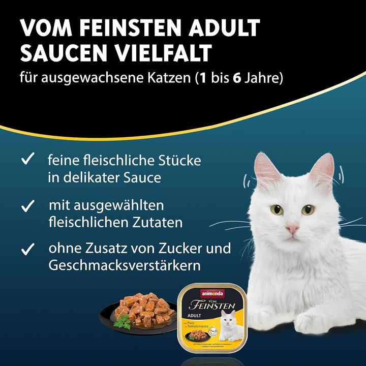 Animonda Vom Feinsten Adult Sauce Variety (32 X 100 G), hrană umedă pentru pisici adulte, hrană pentru pisici fără cereale și zahăr, bucăți fragede într-un sos delicios