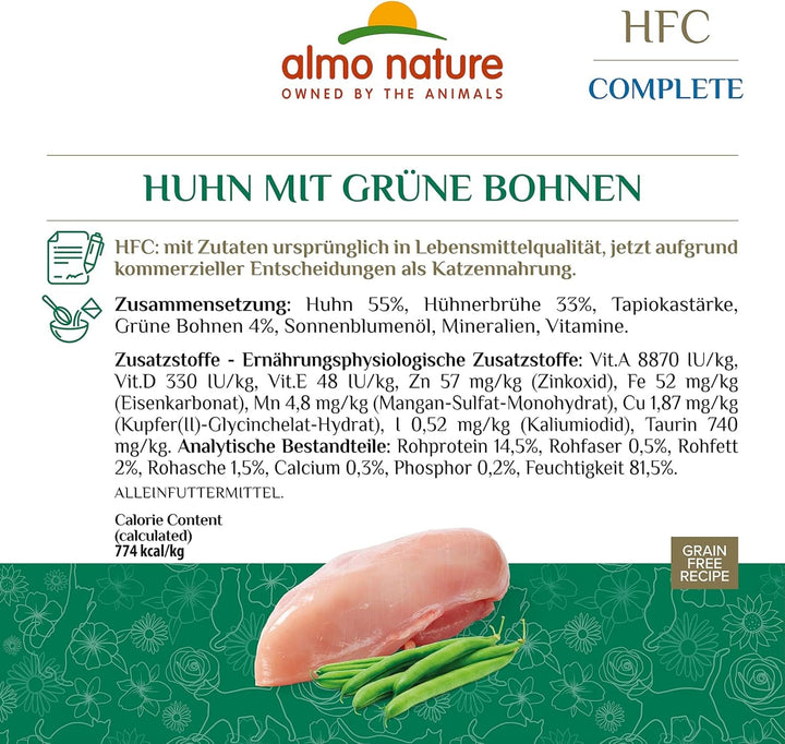 Almo Nature - HFC Complete - Pui cu fasole verde - hrană umedă pentru pisici adulte, 24 de pachete a 70g