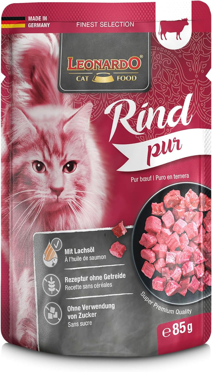 Leonardo Fresh Pouch [16X85G Pure Beef] | Hrană umedă fără cereale pentru pisici | Hrană umedă completă în pungă cu o singură porție