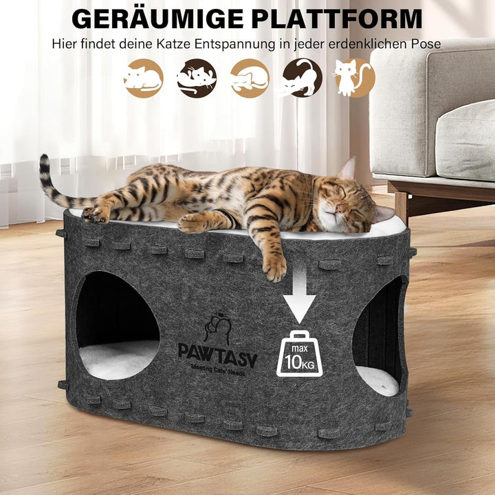Pat pentru pisici Pawtasy, din fetru, cu 2 perne moi și detașabile, rezistent la iarnă, protecție pentru unghiile pisicii, 58A x 33L x 30Î cm, gri închis