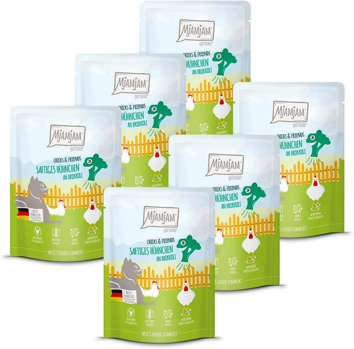 Mjamjam - Hrană umedă premium pentru pisici - Chicks & Friends Box, 9 pachete (9 X 300G), fără cereale și cu carne suplimentară