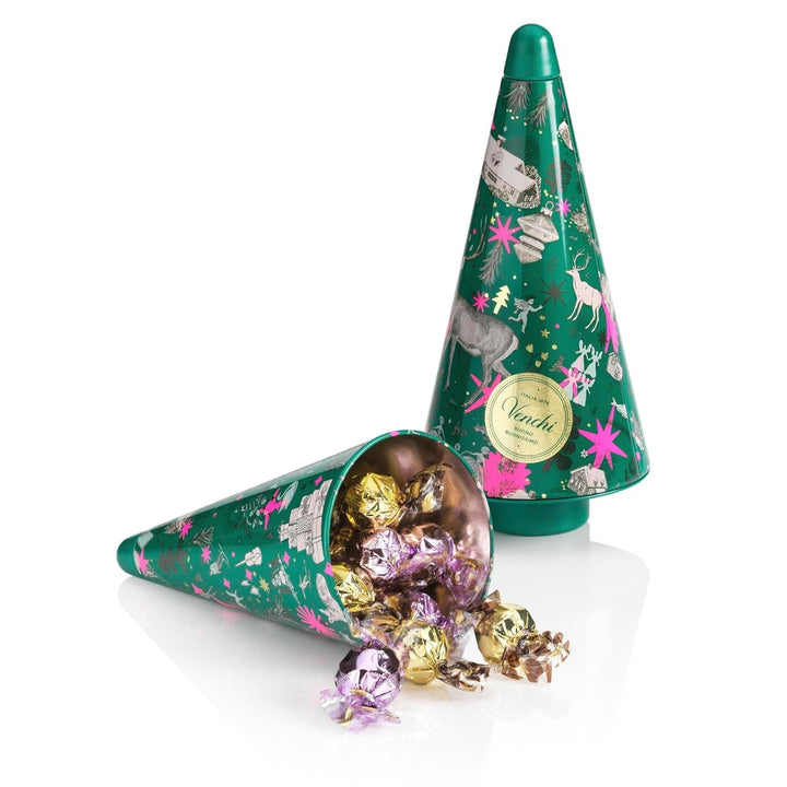 Venchi, Colecție de Crăciun - cutie cadou rotundă cu ciocolată asortată, 86 grame Bomboane de Ciocolata Naty Shop Copac de Crăciun