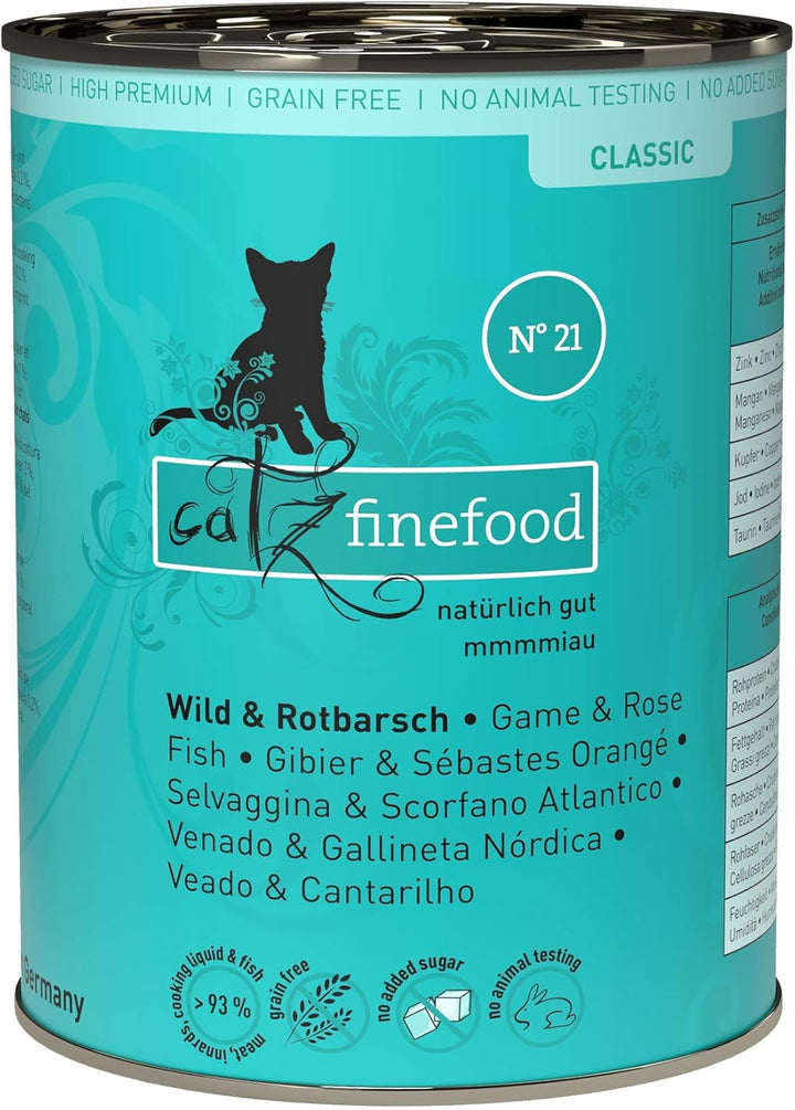 Catz Finefood N° 21 Game & Redfish Delicatessen Hrană umedă pentru pisici, rafinată cu cartofi și afine, cutii de 6 X 800G