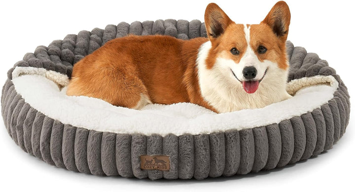 Pat pentru pisici COZY KISS pufos, rotund, moale, cu glugă, pentru pisici și căței, blană artificială lavabilă la mașină cu fund antiderapant, gri, 58 x 58 x 15 cm