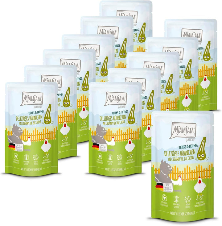 Mjamjam - Hrană umedă premium pentru pisici - Chicks & Friends Box, 9 pachete (9 X 300G), fără cereale și cu carne suplimentară