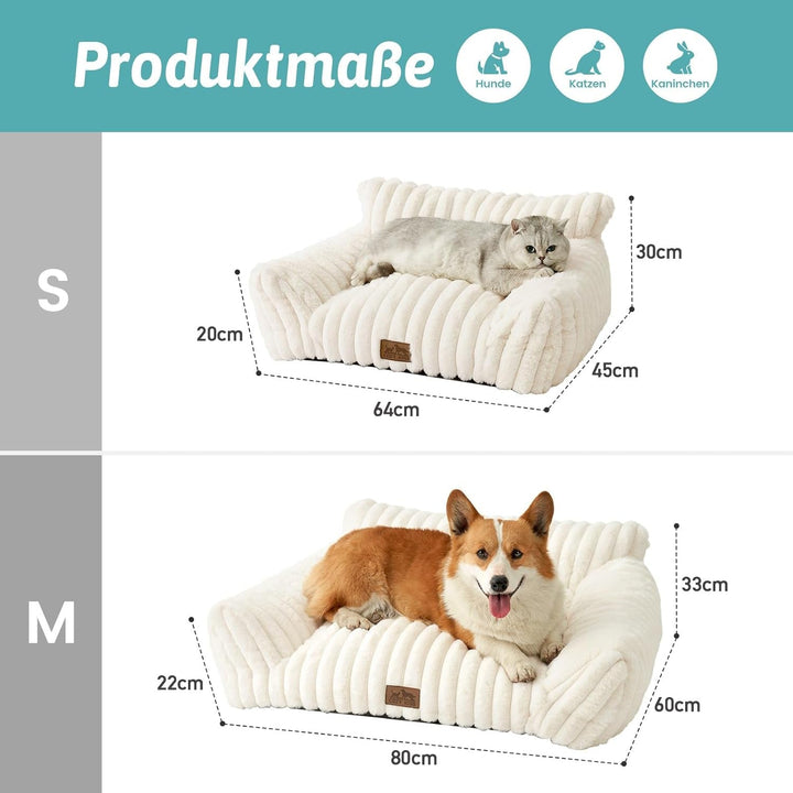 Canapea COZY KISS pentru pisici mici și mari, pat confortabil pentru pisici cu margini de susținere și bază antiderapantă, lavabil, blană artificială moale, ideal pentru sufragerie sau dormitor (crem, 65 x 44 x 30)