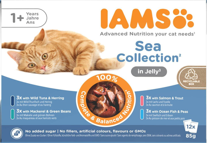 Hrană umedă pentru pisici IAMS Delights Sea Collection - Multipack cu sortimente de pește (somon, ton, macrou, pește de mare) în sos, hrană umedă pentru pisici de la 1 an în sus, 12 X 85G
