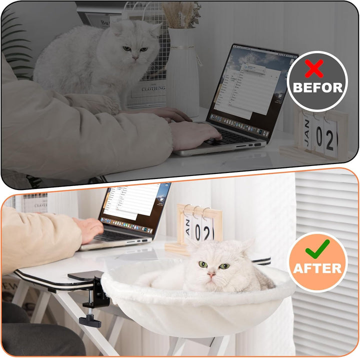 Pat pentru pisici Uross pentru birou - Rotabil la 360° și reglabil pe înălțime, Hamac moale pentru pisici cu 2 huse lavabile, Loc de dormit pentru pisici la birou - Utilizare pe tot parcursul anului (Bej)