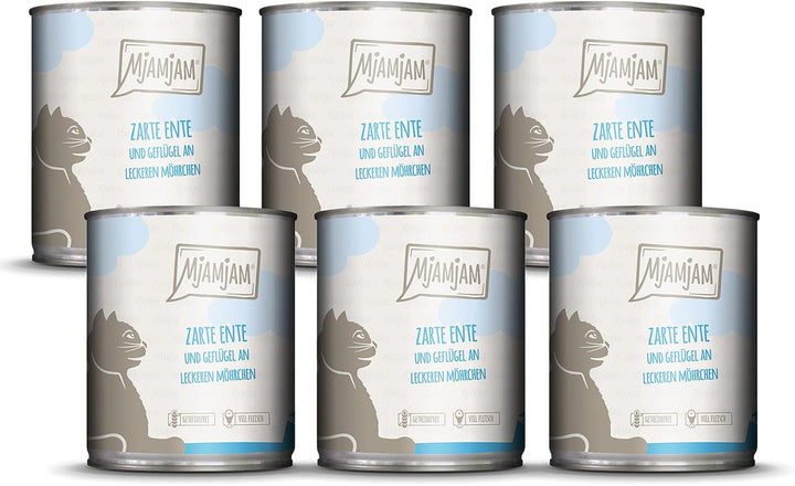 Mjamjam - Hrană umedă premium pentru pisici - Curcan bun cu dovleac aburit, pachet de 6 (6 X 800 G) & Hrană umedă premium pentru pisici - Rață și pasăre fragedă cu morcovi delicioși, pachet de 6 (6 X 800 G)