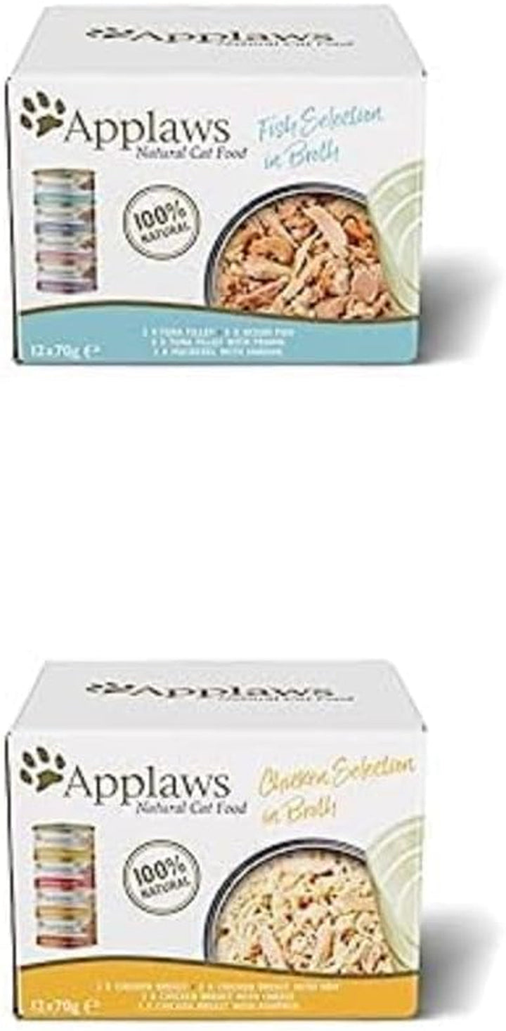 Pachet de hrană umedă pentru pisici Applaws Premium Natural, Pui în bulion 70 G Tin (Pachet 24 X 70 G) +Fillet de ton cu creveți în bulion 70 G Tin (Pachet 24 X 70 G)