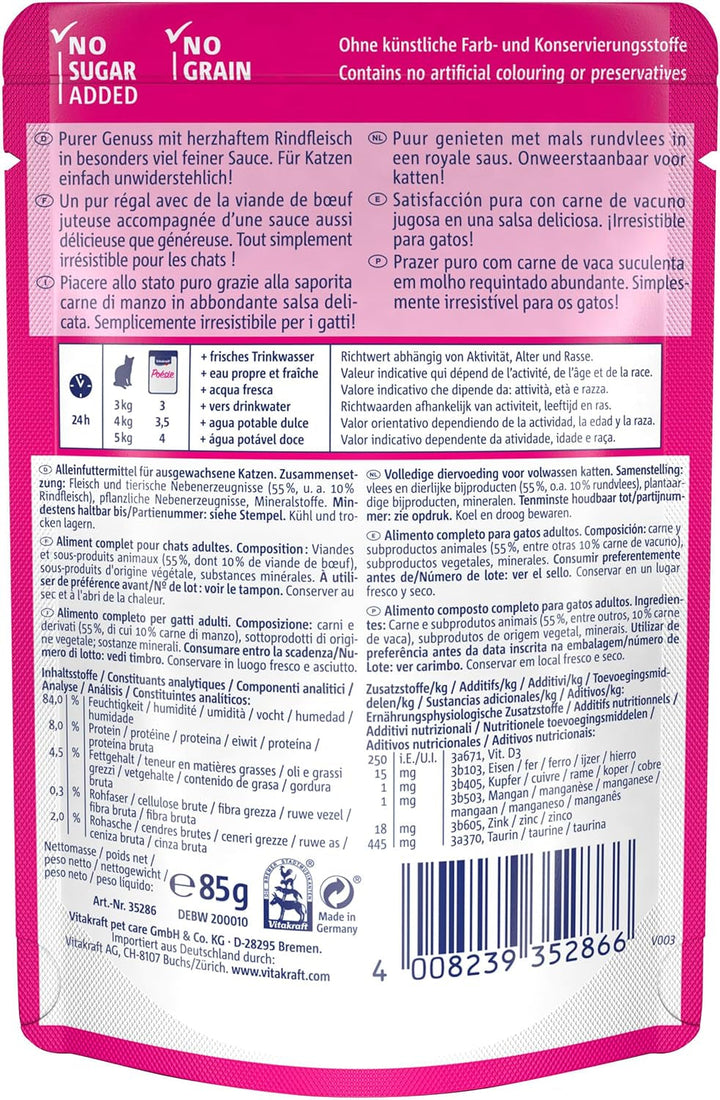 Vitakraft Poésie Délice, hrană umedă pentru pisici, hrană umedă pentru pisici în sos, cu carne de vită, preambalată, fără adaos de zahăr și cereale (23X 85G)