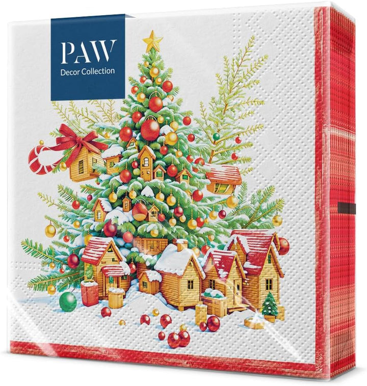 PAW - Șervețele 3 straturi (33 X 33 Cm) I 20 bucăți I Șervețele de hârtie colorate perfecte pentru masa de Crăciun I Șervețele - Crăciun, iarnă, stele, zăpadă, oameni de zăpadă I Familia Snowy