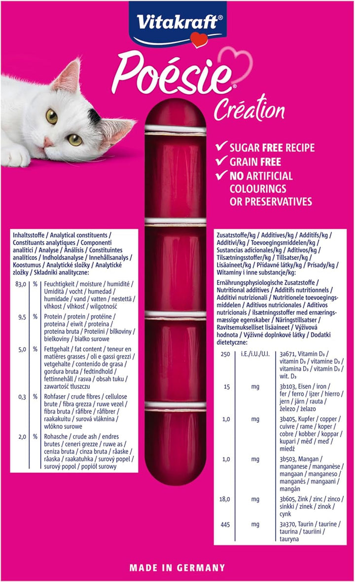 Vitakraft Poésie Création, Finest Selection, hrană umedă pentru pisici, hrană umedă pentru pisici Jelly, cu somon și spanac, cu vânat în jeleu de afine, fără zahăr adăugat și cereale (1 pachet cu 6X 85G)