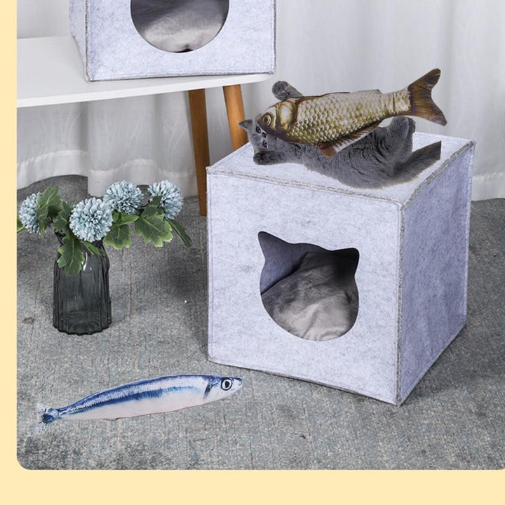 Peșteră pliabilă pentru pisici cu jucărie - Pat pentru pisici pentru dormit, ascundere, joacă și zgâriat, 33 x 33 x 37 cm, pentru rafturi IKEA și Kallax, cu jucărie pește, jucărie catnip