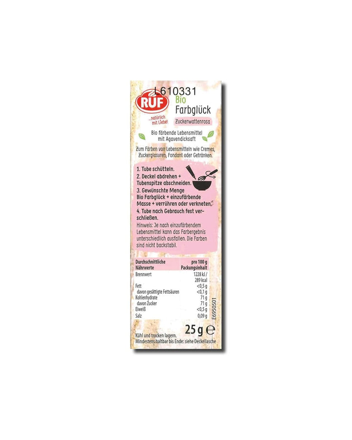 Colorant alimentar organic RUF roz vată de zahăr, cu sirop de agave pentru colorarea glazurii și pentru prăjituri decorative, fără gluten și vegan, 1 x 25g