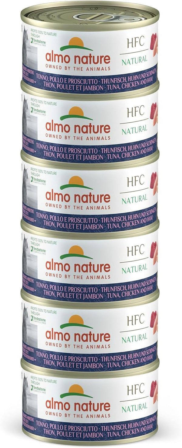 Almo Nature HFC Natural - Hrană umedă pentru pisici adulte - ton, pui și șuncă - Human Grade, fără gluten - 6 X 70G