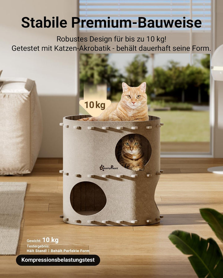 Peșteră pentru pisici Downypaws din fetru, pat pentru pisici cu 2 niveluri, căsuță tip castel pentru joacă, design cald, protecție pentru unghiile pisicii, bej