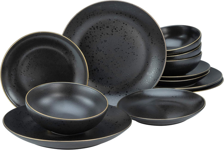 Creatable, 22707, Serie Industrial Gold BLACK, 12-Teiliges Geschirrset, Teller Set Aus Steinzeug, Spülmaschinen- Und Mikrowellengeeignet, Qualitätsproduktion Seturi vesela masa Naty Shop Gold Black Teller Set 12 Teilig