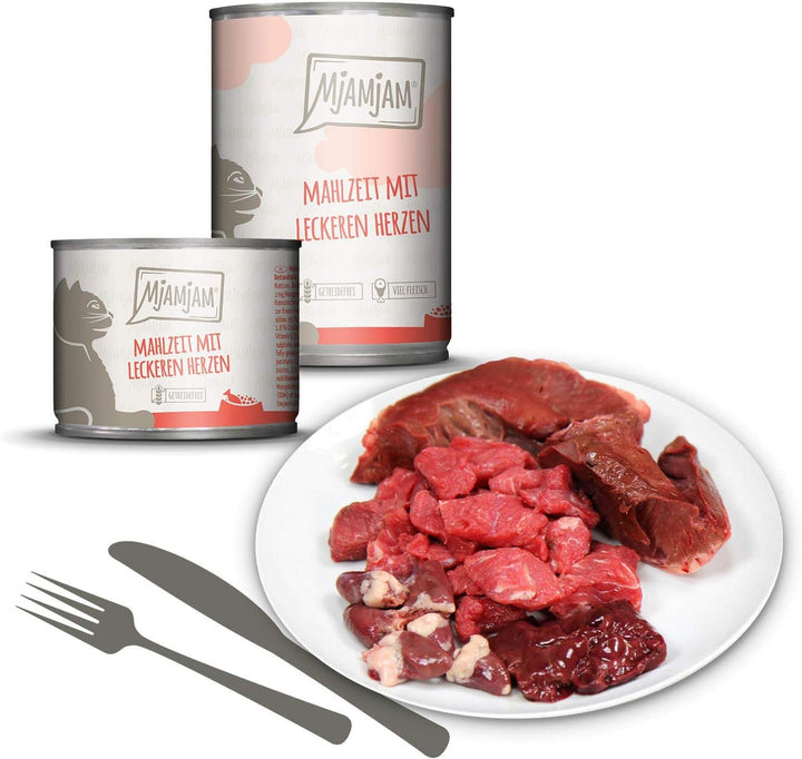 Mjamjam - Hrană umedă premium pentru pisici - Mixpack I - pui, vită, inimi, pachet de 6 (6 X 200 G), fără cereale cu extra carne