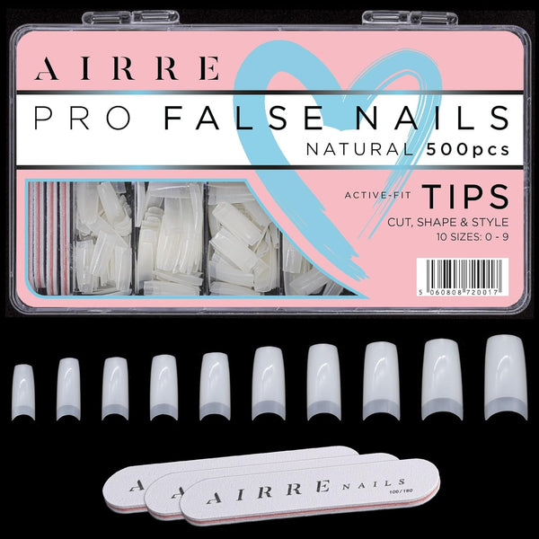 AIRRE 500 Unghii cu Gel Profesionale și 3 Pile cu Cutie - (10 Mărimi) Unghii False Semilună Franceze, Pentru Saloane și Uz Acasă, Tăiere, Pilire și Modelare, Gel UV/LED, Ojă și Nail Art (Natural)
