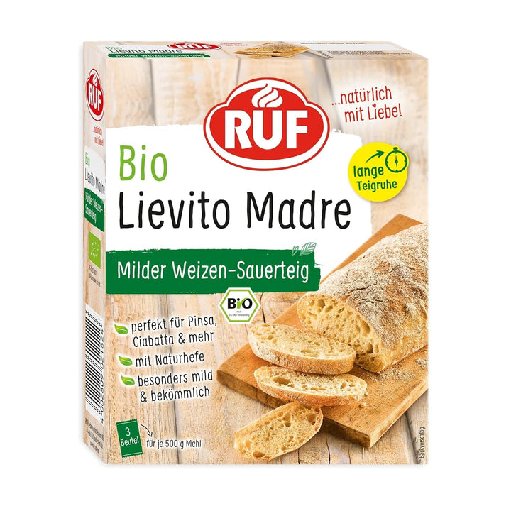 RUF Lievito Madre Sauerteig, Milder Weizen-Sauerteig, Mutterteig, Kurze Teigruhe Durch Enthaltene Trockenhefe, Lievito Madre Getrocknet Für Brot, Baguette, Focaccia, 3X35G Amestec pentru copt si gatit Naty Shop 105 G (1Er Pack) Lange Teigruhe