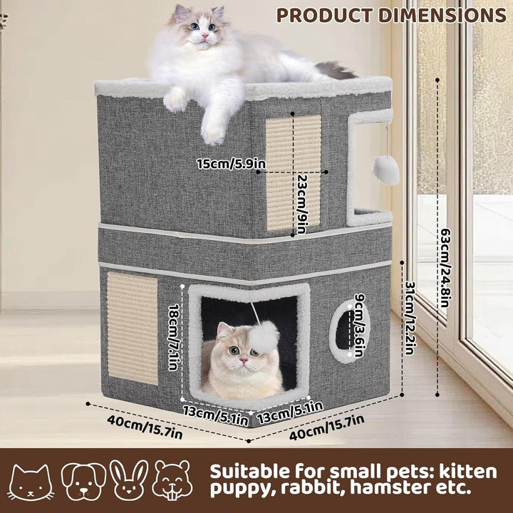 Căsuță pentru pisici de interior, Peșteră pentru pisici multiple, Căsuță pliabilă pentru pisici cu zgârietură, Minge de joacă, Căsuță cubică cu trei etaje, Gri 40 x 40 x 63 cm