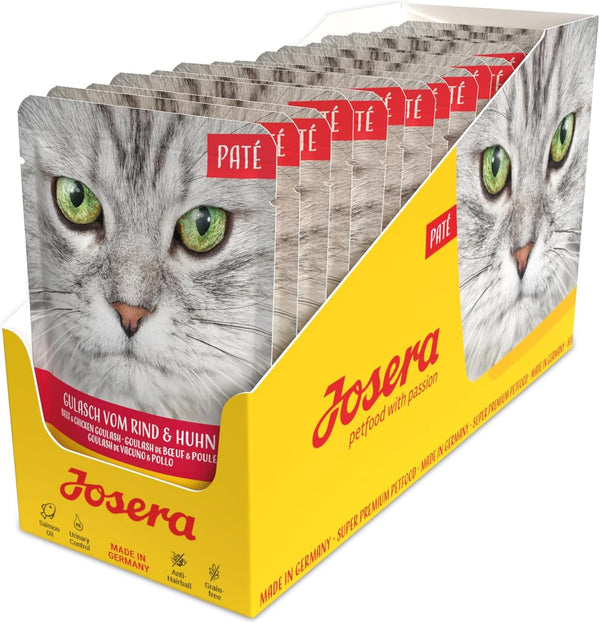 JOSERA Paté Goulash Beef & Chicken (16 X 85 G) | Adult | Hrană umedă premium pentru pisici adulte | Goulash Beef & Chicken | Fără cereale | Hrană umedă pentru pisici într-o pungă proaspătă | 16-pachet