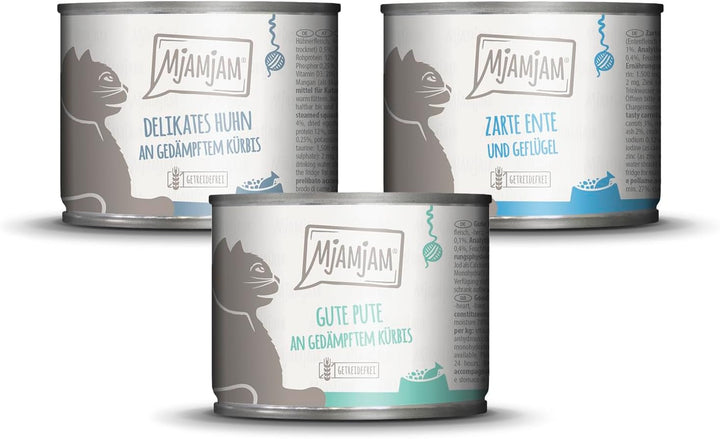 Mjamjam - Hrană umedă premium pentru pisici - Mixpaket II - Game & Rabbit, Turkey & - Hrană umedă premium pentru pisici - Pui suculent cu morcovi gustoși, pachet de 6 (6 X 800 G)