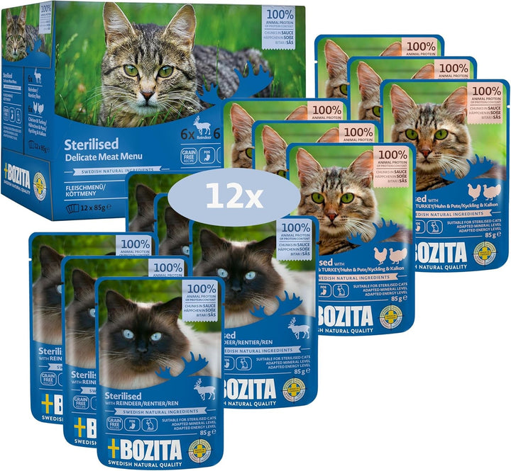 Bozita Sterilised Wet Food Morsels in Sauce with Meat - 12X85G săculeți Hrană fără cereale și fără grâu pentru pisici - Hrană umedă pentru pisici cu un conținut de 8,5% proteine și 3,5% grăsimi