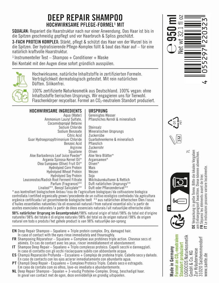 SANTE Naturkosmetik, șampon vegan de îngrijire pentru păr neted și strălucitor, 950 ml Duș și baie Naty Shop