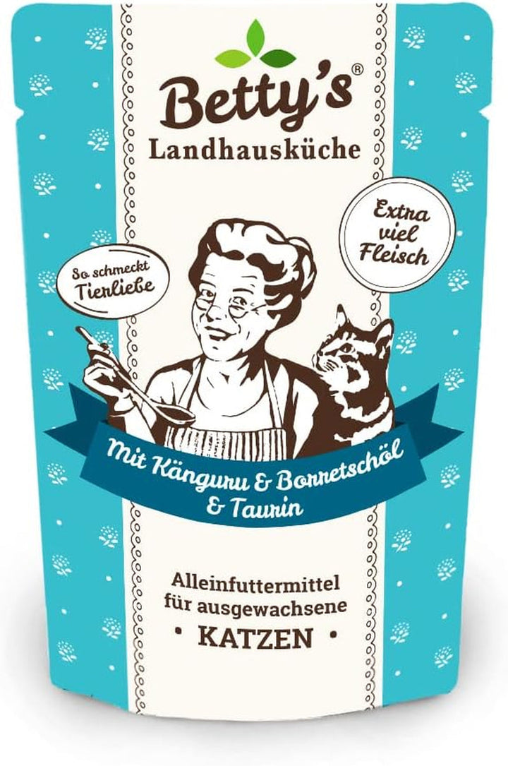 Betty'S Landhausküche Fresh Pouches Wet Food Cat, Kangaroo With Borage Oil 12 X 100G, fără cereale, de cea mai bună calitate, carne de înaltă calitate, gătită ușor, biodisponibilitate ridicată