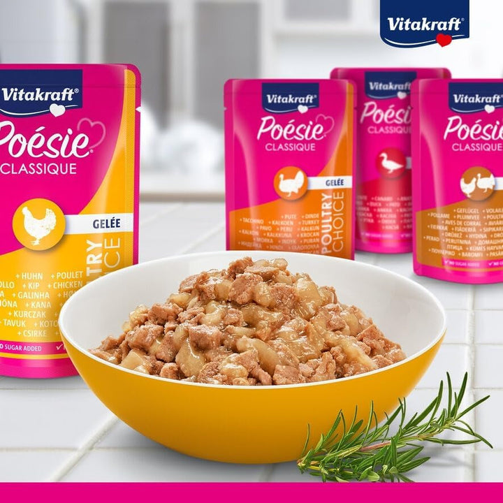 Vitakraft Poésie Classique, hrană umedă pentru pisici, jeleu de hrană umedă pentru pisici, cu pui, cu curcan, cu pasăre, cu rață, fără adaos de zahăr și cereale (5 pachete de 12X 85G)