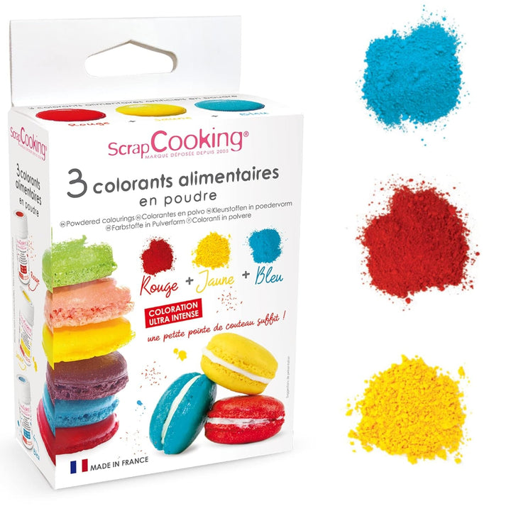 Scrapcooking - Set de 3 coloranți alimentari pudră - Roșu Galben Albastru - Coloranți alimentari pentru copt, prăjituri, fursecuri, prăjituri, aluat, fondant, tort curcubeu - 4011