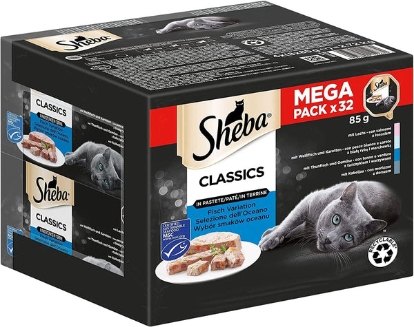 Sheba Classics in Pâté- Cea mai fină hrană umedă pentru pisici în bol - Fish Variation (MSC) cu somon, pește alb, ton și cod - 32 X 85G