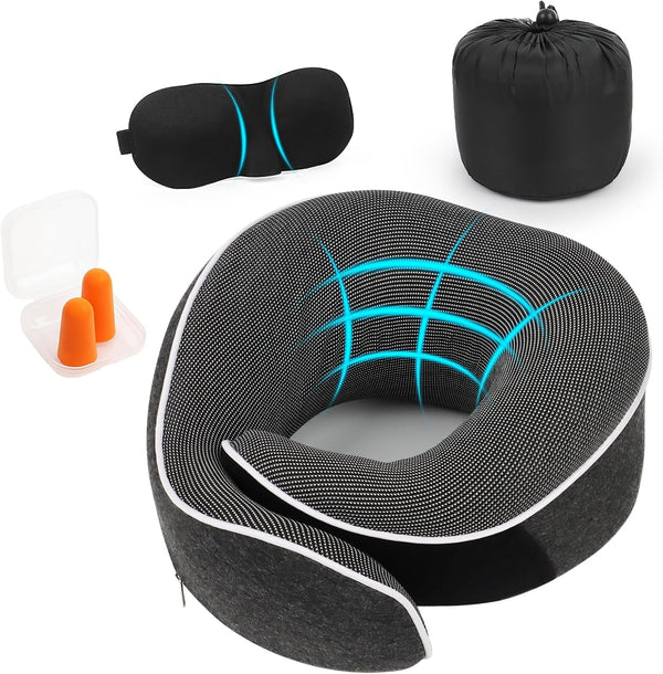 KILDOWS Pernă de gât pentru avion, pernă de călătorie din spumă cu memorie, pernă de călătorie pentru avion cu mască pentru ochi și dopuri pentru urechi, pernă ortopedică pentru gât, ideală pentru călătorii cu avionul, mașina, trenul Perne ortopedice cervicale Naty Shop Titlu implicit