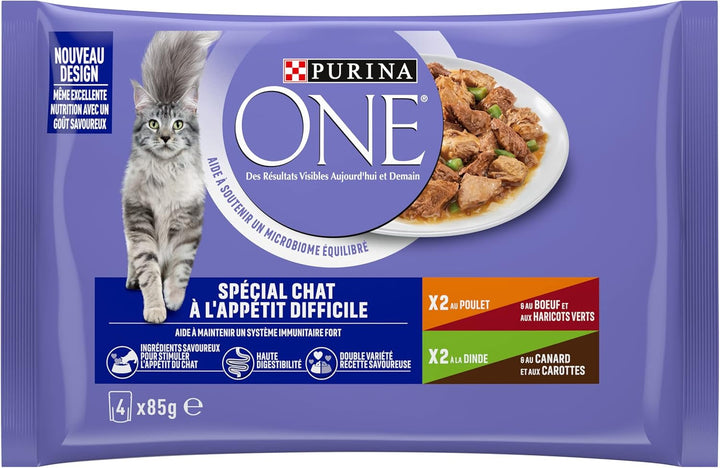 Purina One - Hrană specială în sos carne de vită/pui/canard și curcan pentru pisici cu apetit, 340 G