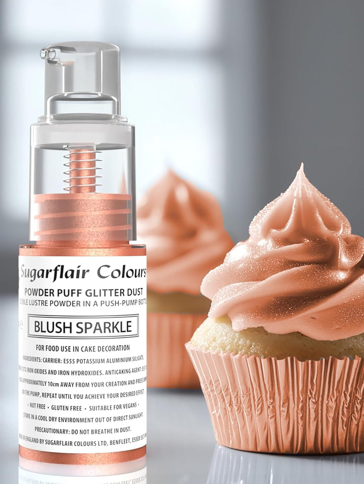 Spray pudră cu pompă Sugarflair, sclipici, Blush, sclipici - colorant alimentar pentru tort, spray fără aerosoli pentru torturi, brioșe și multe altele - 10 g