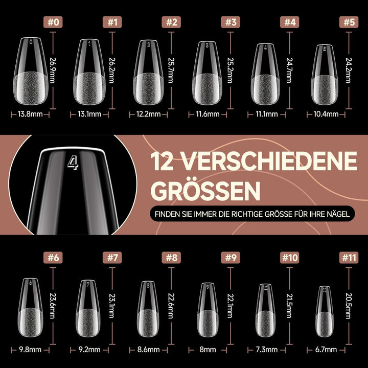 Tipuri de unghii balerină pentru unghii cu gel, 216 bucăți, 12 mărimi, tipuri de unghii cu gel moale, acoperire completă, set pentru extensii de unghii, semi-mate, DIY, artă acasă