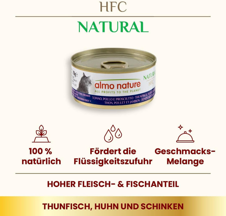 Almo Nature HFC Natural - Hrană umedă pentru pisici adulte - ton, pui și șuncă - Human Grade, fără gluten - 6 X 70G